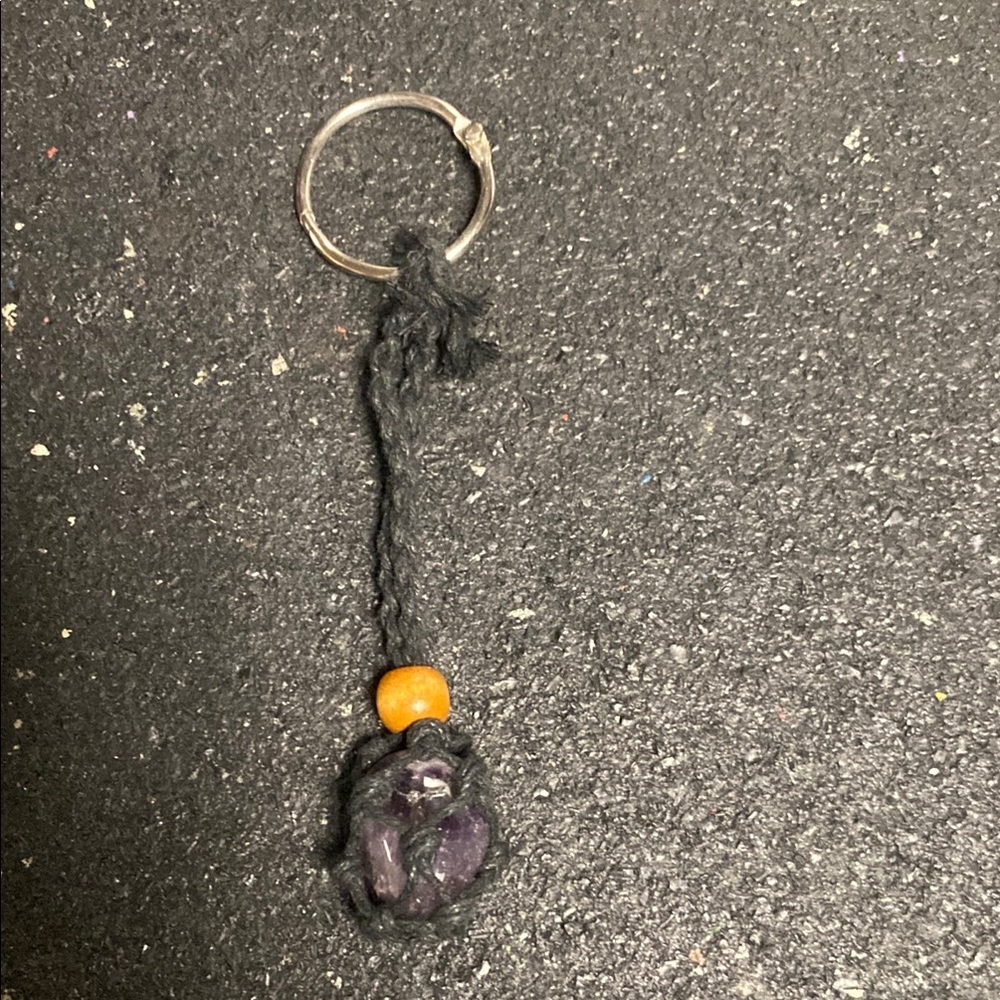 Stone Amethyst  and Black Keychain with Orange Bead